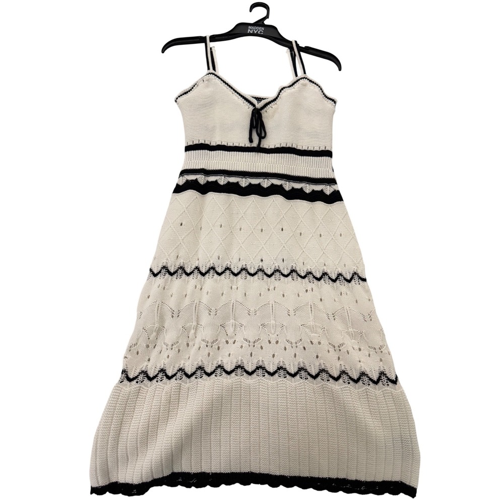 Madden NYC Womens Crochet Midi Dress Cream Black Knit Tie Front Sleeveless Boho